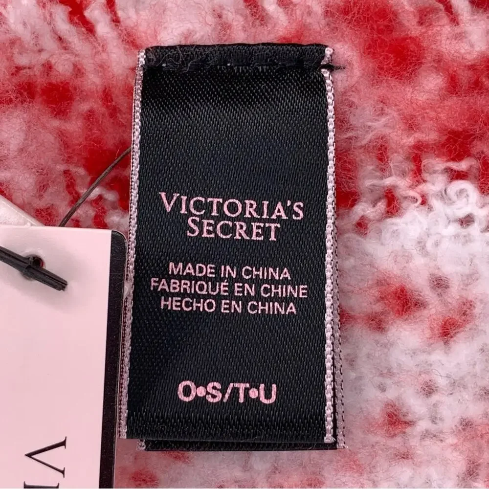 Victoria's Secret NWT Fringe Scarf Heart Print Red and White Logo Patch